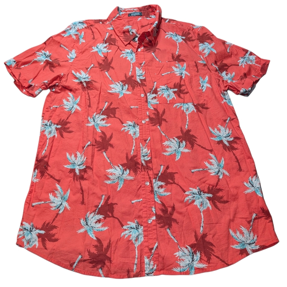 ecru Coral Red Palm-Print Short Sleeve Button-Down Shirt